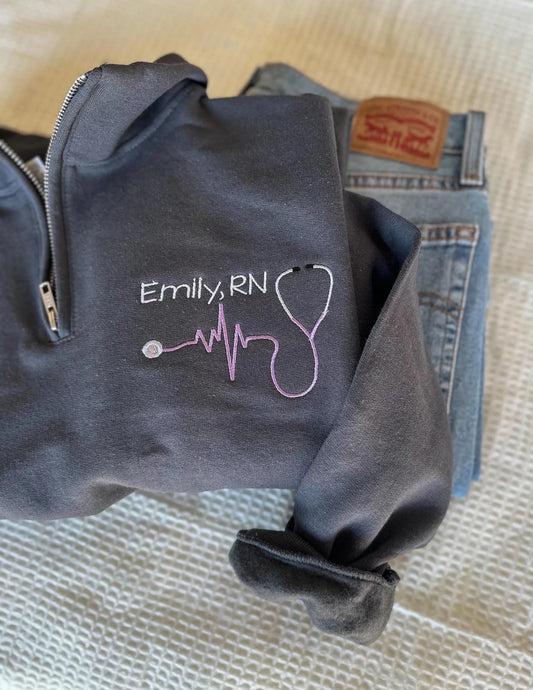 Personalized RN Heartbeat Embroidered Quarter Zip