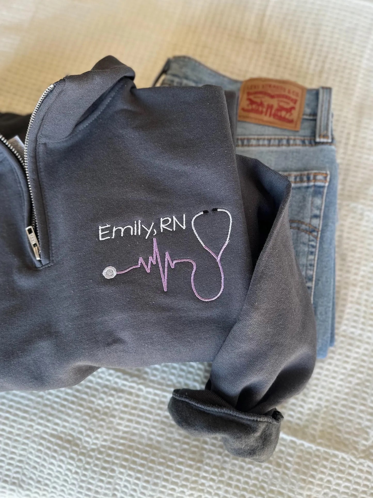 Personalized RN Heartbeat Embroidered Quarter Zip