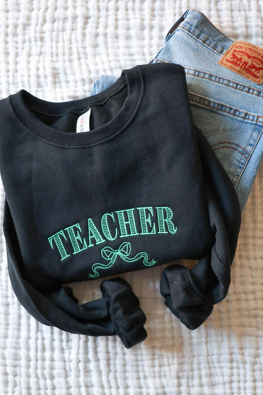 Embroidered Teacher Bow Crew Sweatshirt
