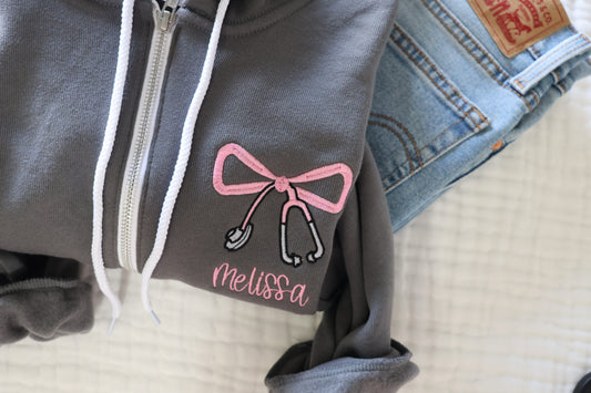 Personalized Nurse Stethoscope Bow Full Zip Hoodie