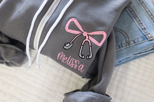 Personalized Nurse Stethoscope Bow Full Zip Hoodie