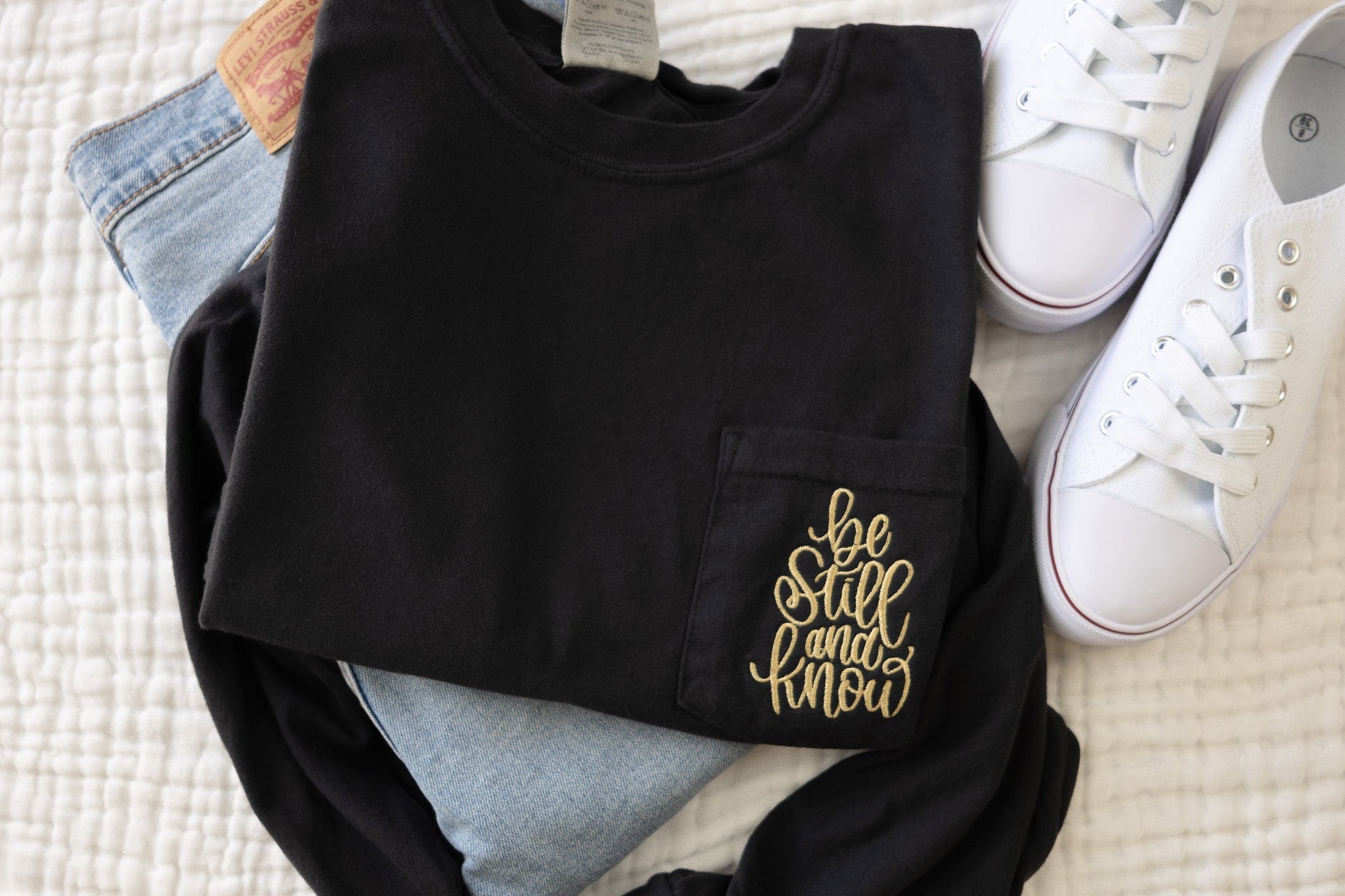 Be Still & Know Embroidered Pocket Long Sleeve – Floss & Fable