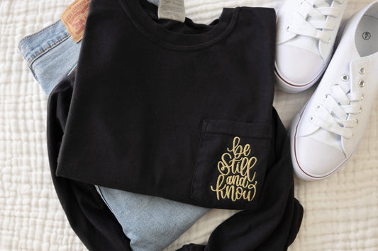 Be Still & Know Embroidered Pocket Long Sleeve