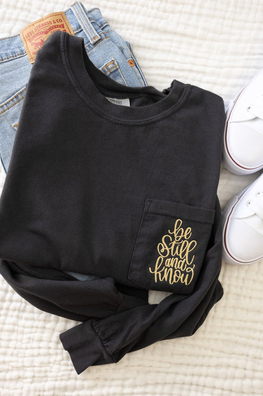 Be Still & Know Embroidered Pocket Long Sleeve