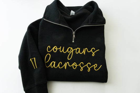 Embroidered Script Quarter Zip Pullover with Sleeve Embroidery