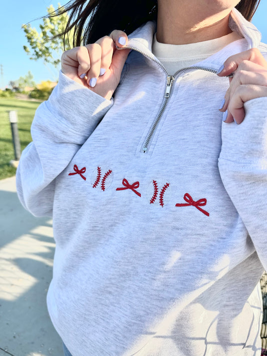 Bows & Baseball Embroidered Quarter Zip Sweatshirt - Choose your bow color!