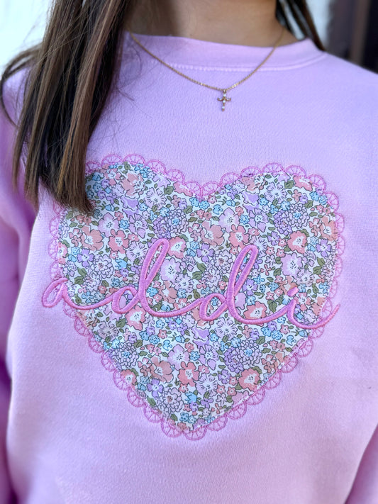 Girls Appliqué Heart Name Crewneck Sweater