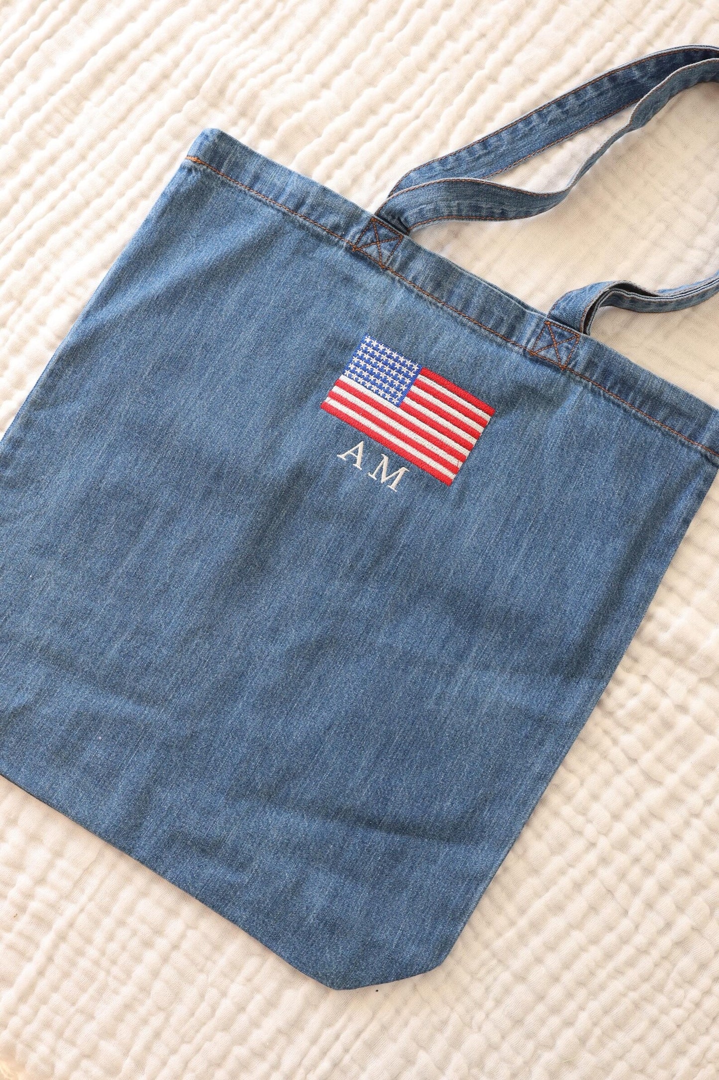 American Flag Embroidered Denim Tote