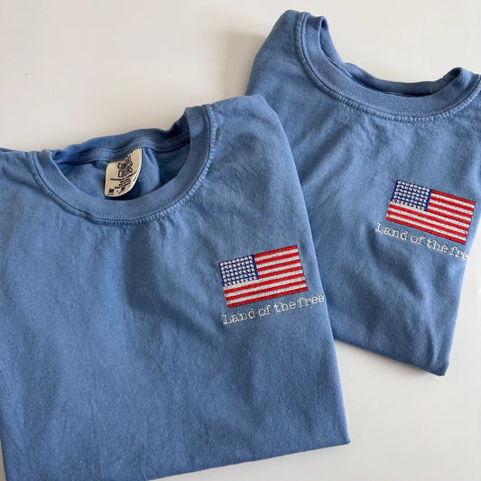 Land of the Free Embroidered Patriotic Flag Tee