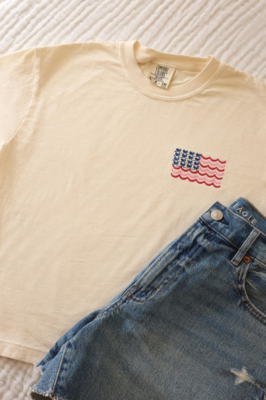Girly American Flag Embroidered Boxy Crop Tee