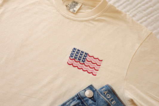 Girly American Flag Embroidered Boxy Crop Tee