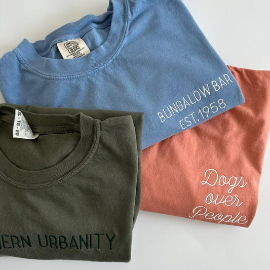Personalized Embroidered Comfort Colors Tee - Custom Text Shirt