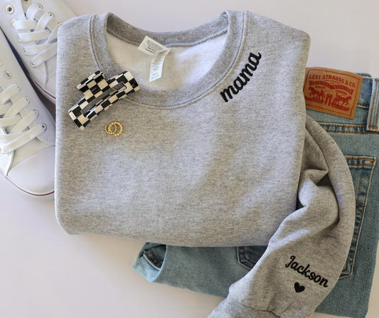Personalized Mama Embroidered Neckline with Sleeve Names Crewneck Sweatshirt
