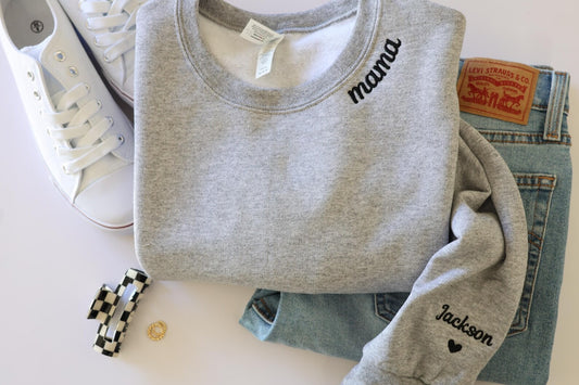 Personalized Mama Embroidered Neckline with Sleeve Names Crewneck Sweatshirt