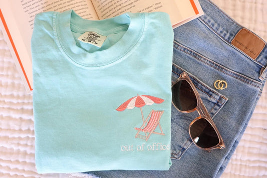 Out of Office Embroidered Tee - Comfort Colors Beach Umbrella Shirt