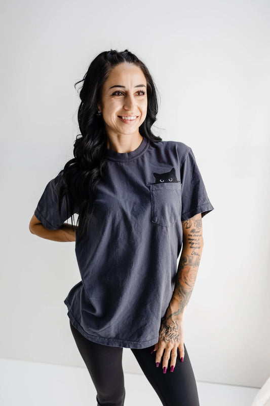 Peeking Black Cat Embroidered Comfort Colors Pocket Tee