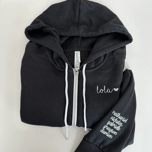 Custom Zip Up Hoodie - Your Title on Chest + Kids’ Names on Sleeve