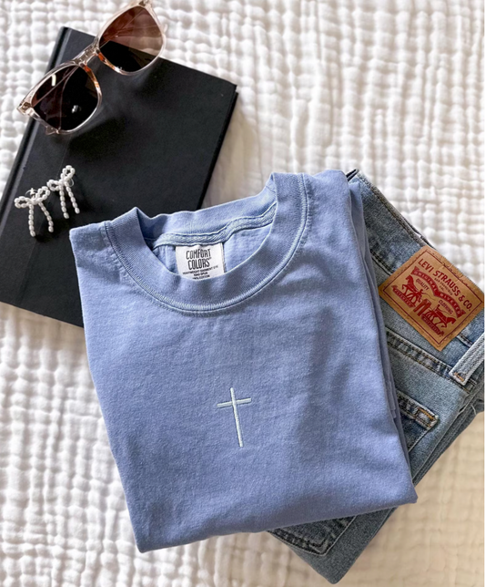 Minimal Cross Embroidered Comfort Colors Tee