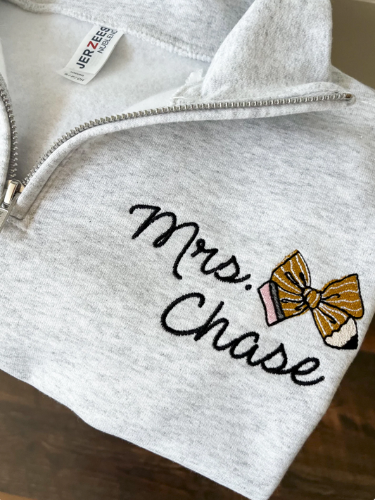 Personalized Pencil Bow Quarter Zip – Custom Embroidered Teacher Sweatshirt