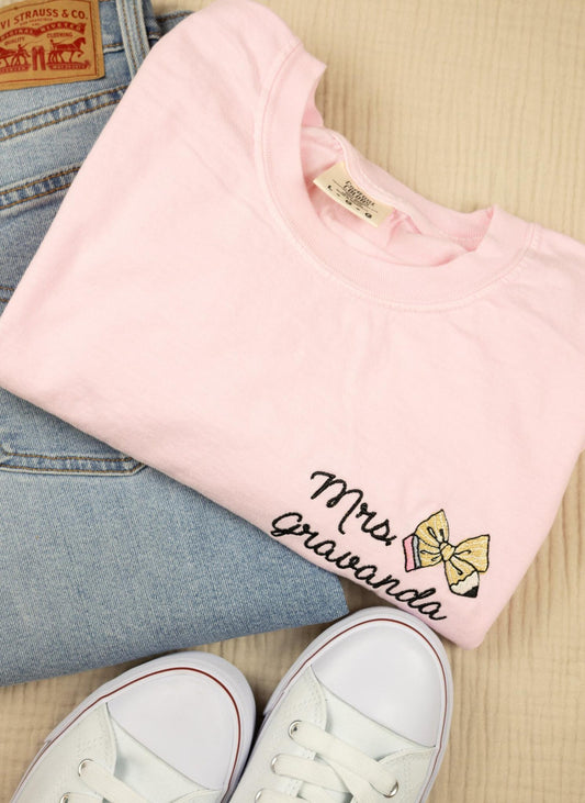 Embroidered Teacher Pencil Bow Tee