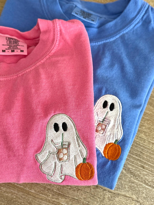 Coffee Lover Ghost Embroidered Tee - Cute Halloween Tee - Comfort Colors Halloween T Shirt