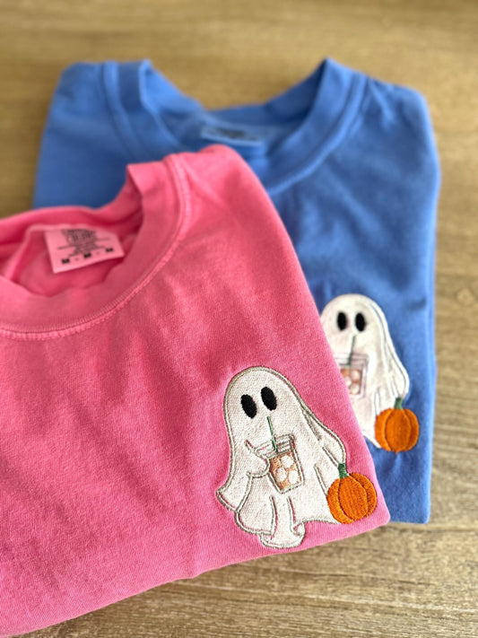 Coffee Lover Ghost Embroidered Tee - Cute Halloween Tee - Comfort Colors Halloween T Shirt