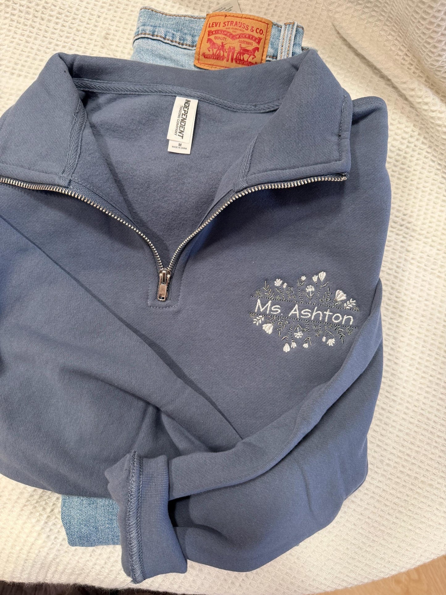 Embroidered Floral Teacher Quarter Zip - Personalized Teacher Gift - Custom Name Teacher Sweatshirt -