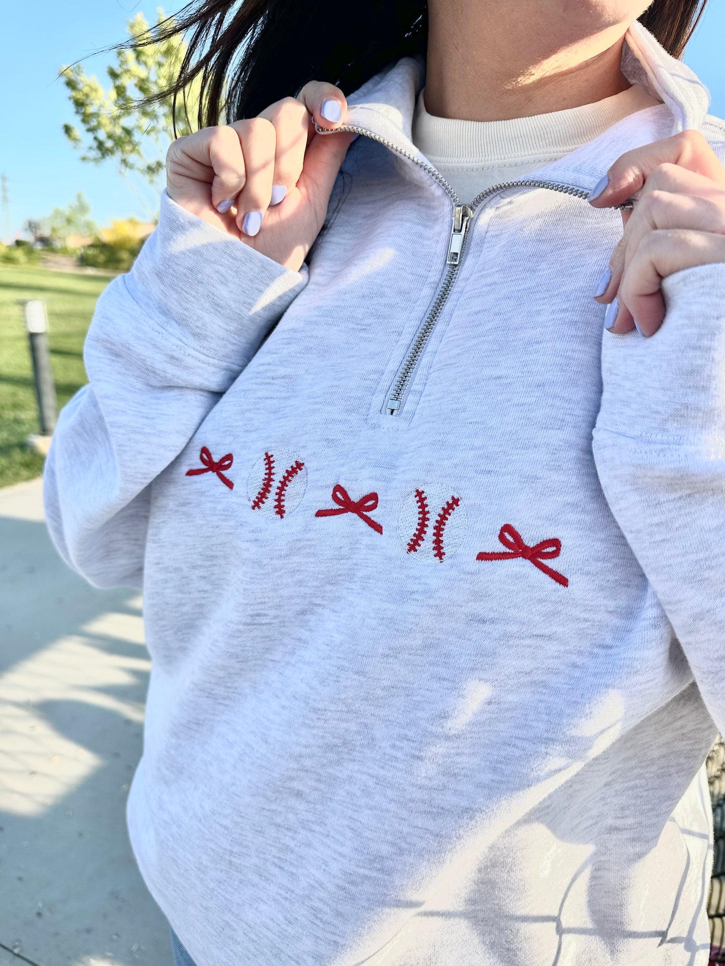 Bows & Baseball Embroidered Quarter Zip Sweatshirt - Choose your bow color!