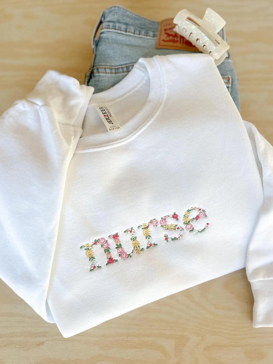 Floral Nurse Embroidered Crew