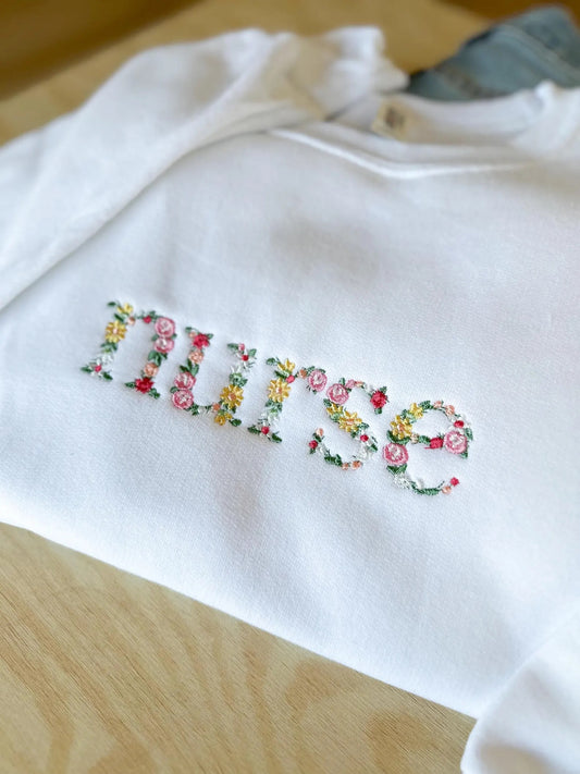 Floral Nurse Embroidered Crew