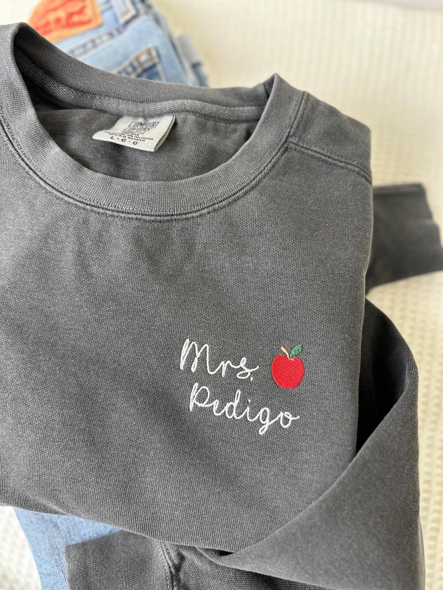 Custom Teacher Apple Icon Embroidered Comfort Colors Crew