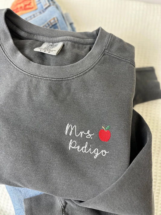 Custom Teacher Apple Icon Embroidered Comfort Colors Crew