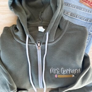 Custom Teacher Full Zip Hoodie - Personalized Pencil Deisgn