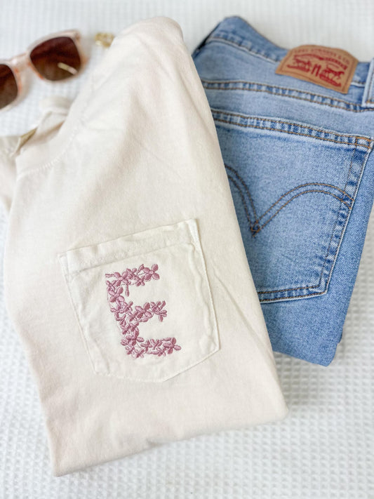 Embroidered Floral Initial Monogram  Pocket Tee