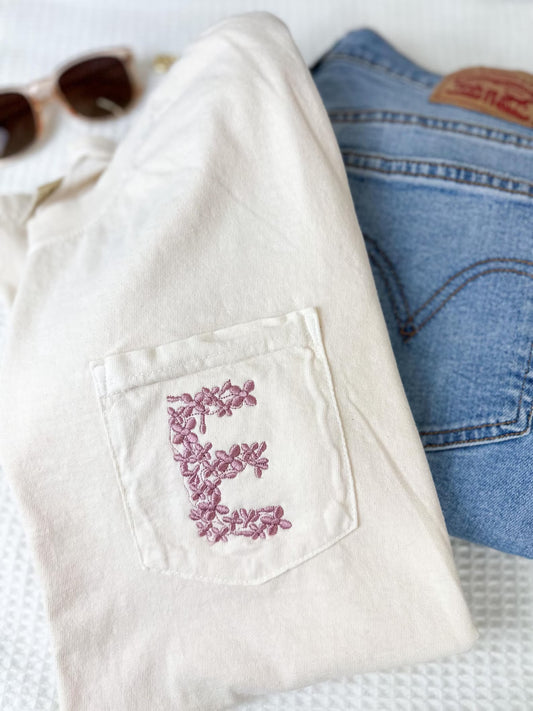 Embroidered Floral Initial Monogram  Pocket Tee