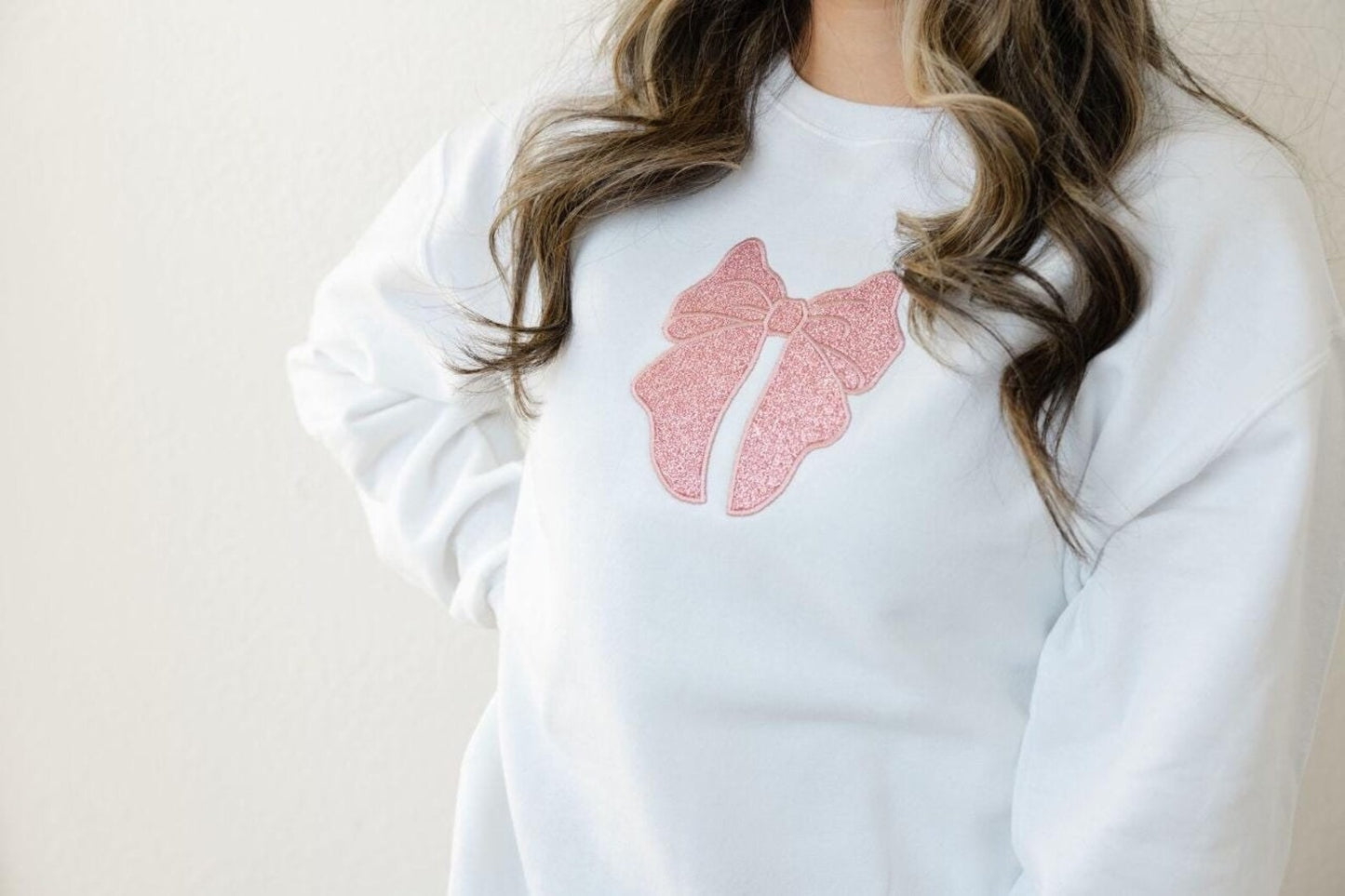 Glitter Coquette Bow Appliqued Crewneck Sweatshirt