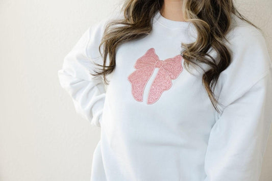 Glitter Coquette Bow Appliqued Crewneck Sweatshirt