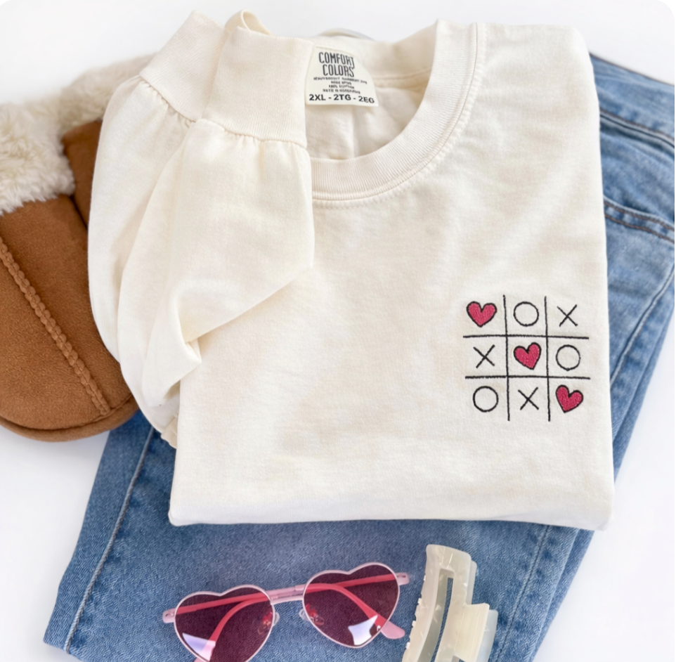 XOXO Tic Tac Toe Embroidered Long Sleeve - Comfort Colors Valentine Tee