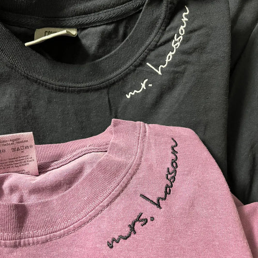 Personalized Comfort Colors Embroidered Neckline Long Sleeve Tee - Your Phrase