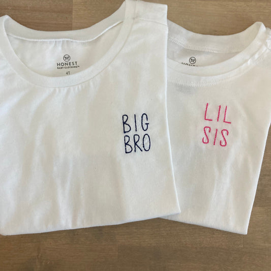 Organic Cotton Custom Big / Little Bro / Sis Embroidered Toddler T-Shirt - Personalized Baby Clothing - New Baby Sibling Sister Brother