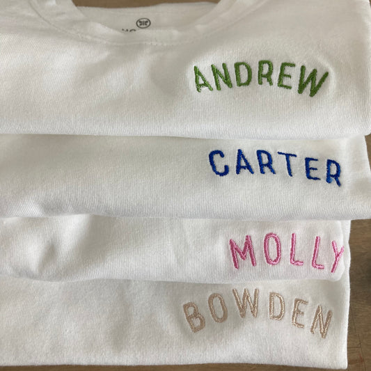 Organic Cotton Custom Name Embroidered Toddler T-Shirt - Personalized Baby Clothing - Curved Circle Left Chest Name