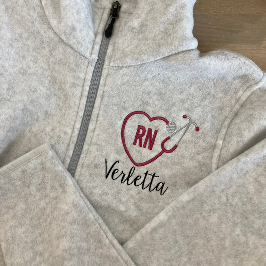 Womens RN Nurse Zip Up Fleece Jacket - Registered Nurse - Custom Personalized - Stethoscope - Healthcare Worker BSN - Nursing