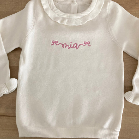 Baby / Toddler Girls Embroidered Ruffled Pullover Sweater - Personalized Name with Bows - Toddler Girls Knit Crewneck - Custom Gift