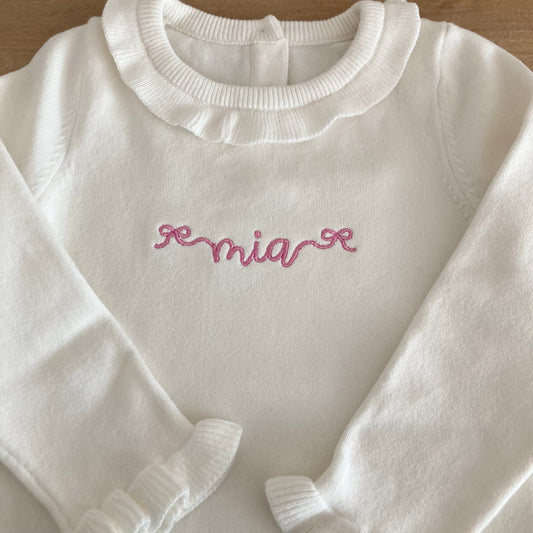 Baby / Toddler Girls Embroidered Ruffled Pullover Sweater - Personalized Name with Bows - Toddler Girls Knit Crewneck - Custom Gift