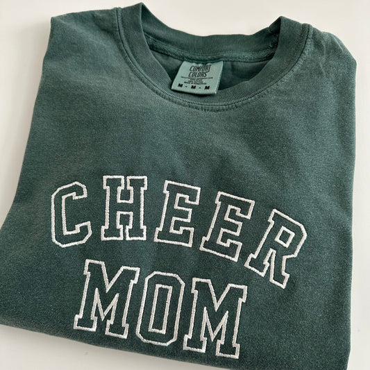 Comfort Colors Cheer Mom Embroidered Shirt - Varsity Letter - Collegiate Letters - Short Sleeve - Baseball - Football - Soccer - Dance