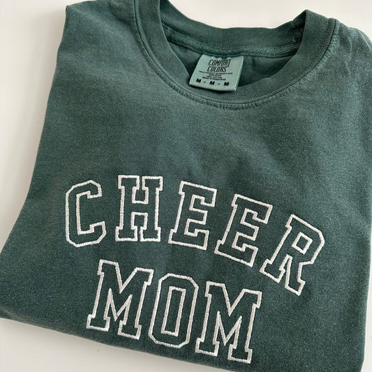 Comfort Colors Cheer Mom Embroidered Shirt - Varsity Letter - Collegiate Letters - Short Sleeve - Baseball - Football - Soccer - Dance