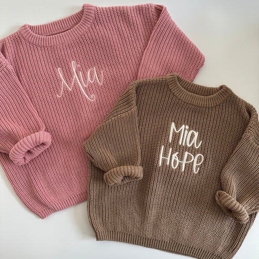 Toddler Chunky Knit Custom Embroidered Name Sweater - Personalized Oversized Pullover Sweater - Custom Text - Stitched