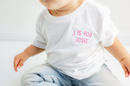 Organic Cotton Custom Letter is for Name Embroidered Toddler T-Shirt - Personalized Baby Clothing - Curved Circle Left Chest Name