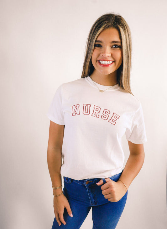 Comfort Colors Embroidered NURSE Short Sleeve Shirt - Varsity Letter - Collegiate Letters - Short Sleeve - Healthcare Worker - RN Shirt