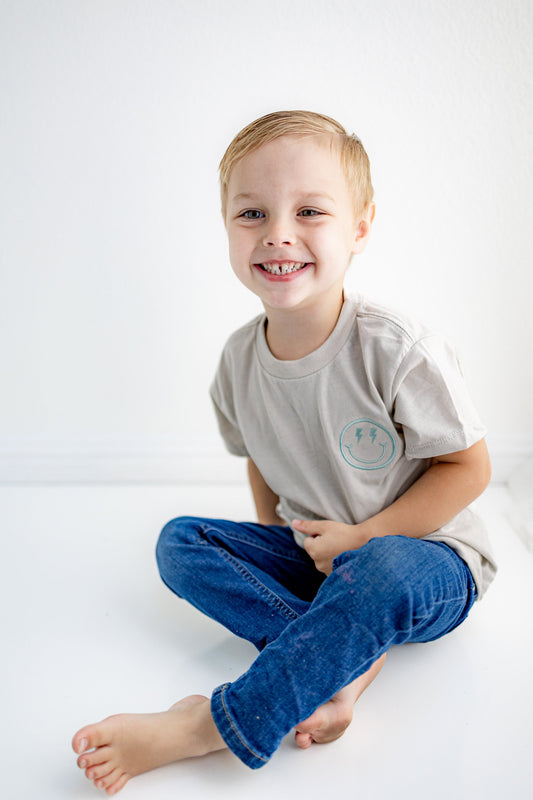 Toddler Embroidered Happy Face Smiley Tee - Bella Canvas - Heart Eye Smiley - Lightning Bolt Smiley - Trendy - Simple T Shirt